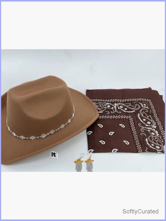 Felt Cowboy Hat with Rhinestones, Bandana & Tassel Earrings Set main image 6